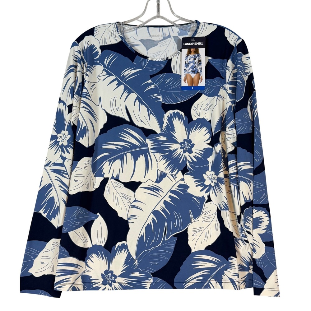 NWT Lands End Women Blue Tropical Floral Long Sleeve Rash Guard Swim Top L 14-16
